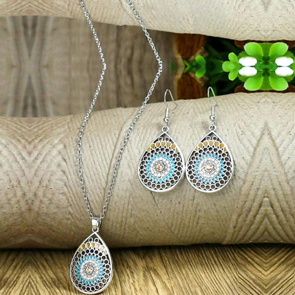 Silver/Turquoise Teardrop Evil Eye Earrings Necklace Jewelry Set